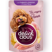 Кремообразно лакомство за кучета DELICKCIOUS Strips  with turkey and cheese in cream soup с пуешко и сирене